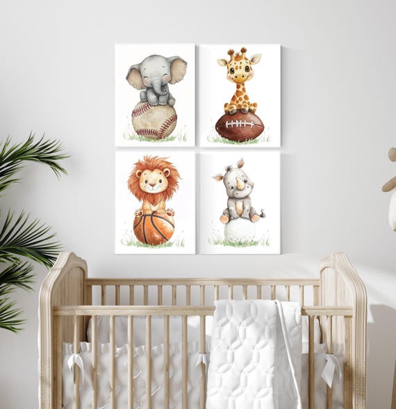 Sports Nursery Prints: Safari Animals Playing Baseball, Football, Golf