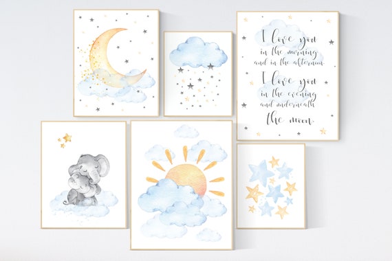 I love you in the morning and in the afternoon, Sunshine nursery, moon nursery, gender neutral nursery, baby room decor, blue yellow gray
