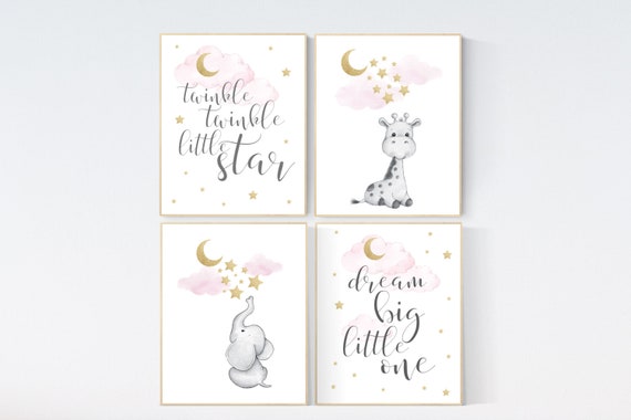 Nursery decor girl elephant, giraffe, pink and gold nursery, twinkle twinkle little one, pink nursery art, cloud and stars, baby room art