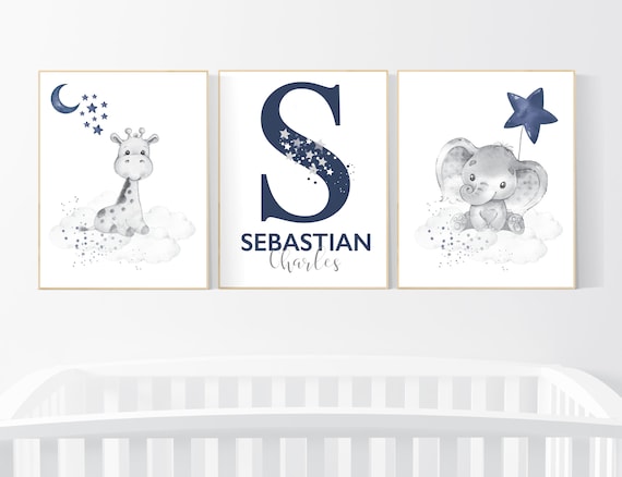 Nursery decor boy, elephant, giraffe, animal nursery prints, navy nursery, navy blue nursery, baby room wall art, nursery decor boy name