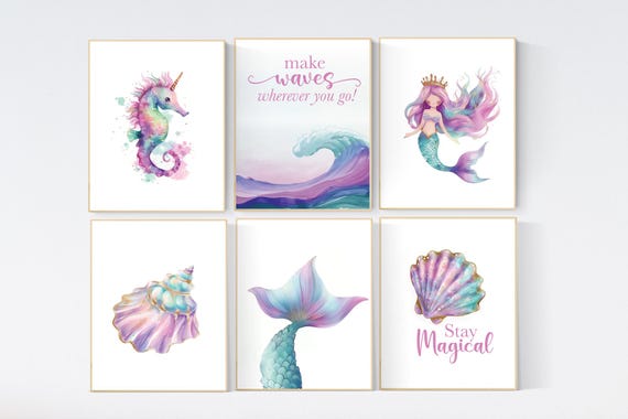 Mermaid Nursery Decor, Nursery decor girl, mermaid prints for girls room, sea nursery decor, ocean nursery, Pink purple Teal, mermaid theme