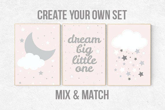 Pink nursery art, dream big little one, nursery decor, pale pink, pink gray, pink grey, moon nursery, baby girl nursery wall art, girls room