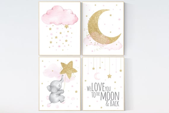 Nursery decor girl elephant, pink and gold nursery, we love you to the moon and back, pink nursery art, cloud and stars, baby room decor