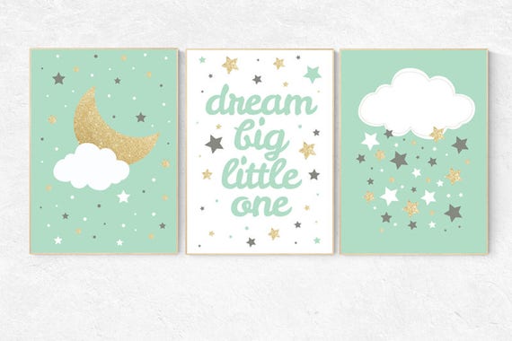 Mint gold nursery decor, dream Big little one, mint green gold nursery decor, gender neutral nursery decor, mint and gold decor, teal gold