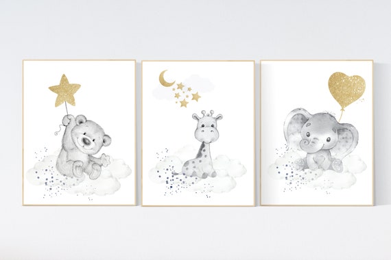 Nursery decor gender neutral, gold nursery decor, animal prints, moon and stars, bear, giraffe, elephant, balloon nursery, neutral colors