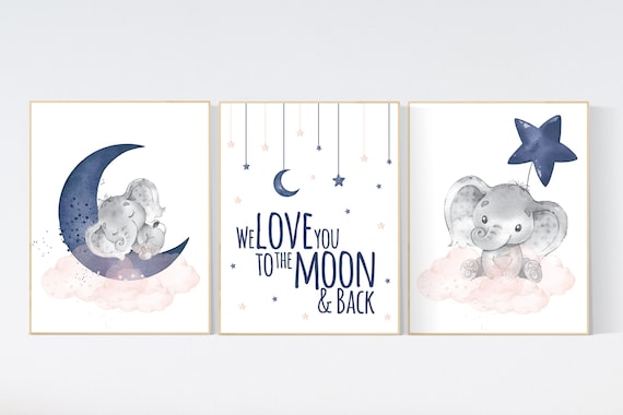 Navy peach nursery decor, moon and stars, navy peach color  nursery art. baby room wall art, boy nursery decor, set of 3, nursery prints boy