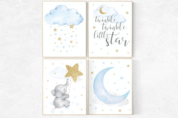 Nursery decor boy elephant, blue and gold nursery, twinkle twinkle little star, blue nursery wall art, cloud and stars, baby room decor