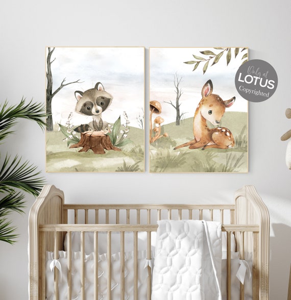 Animal nursery decor, woodland nursery prints, jungle animals, gender neutral nursery, Woodland Nursery, animal prints, deer, raccoon