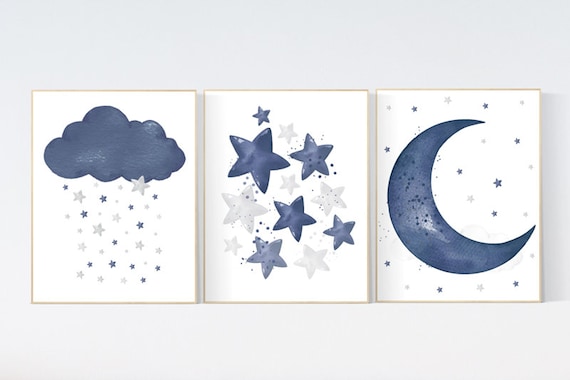 Navy nursery decor, cloud and stars, moon and stars, navy blue nursery art. baby room wall art, boy nursery decor, set of 3, navy gray