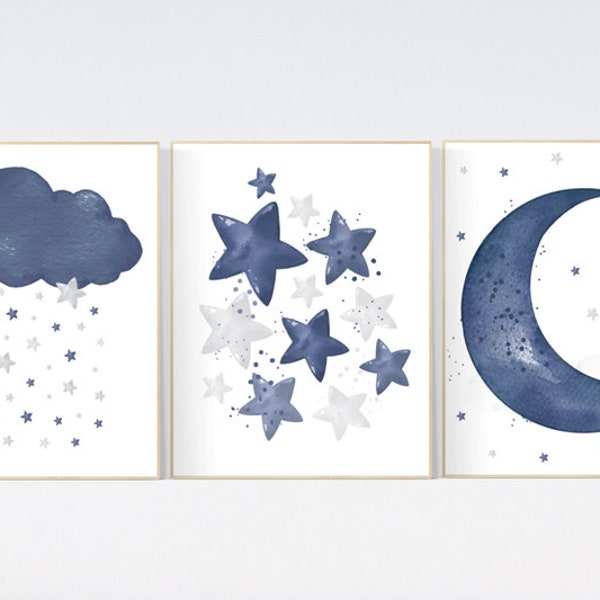 Navy Nursery Art Prints: Cloud, Moon, Stars, Set of 3