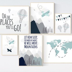 Nursery decor boy mountain, adventure nursery, navy nursery, airplane, world map, hot air balloon, Let him sleep, boy nursery ideas,