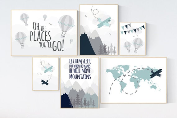 Nursery decor boy mountain, adventure nursery, navy nursery, airplane, world map, hot air balloon, Let him sleep, boy nursery ideas,