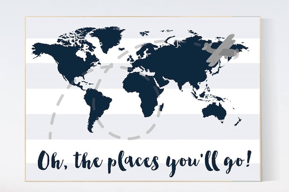 Oh the places you'll go, navy blue wall art, navy nursery, travel nursery, nursery decor boys, world map nursery, navy nursery, navy gray