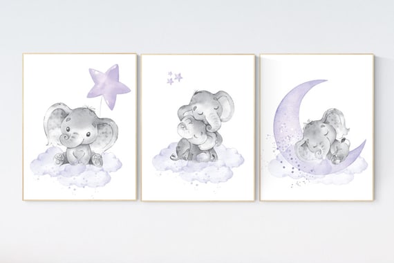 Girls room decor purple, Nursery decor girl purple, nursery decor elephant girl, moon and stars, lavender, star nursery, lilac nursery decor