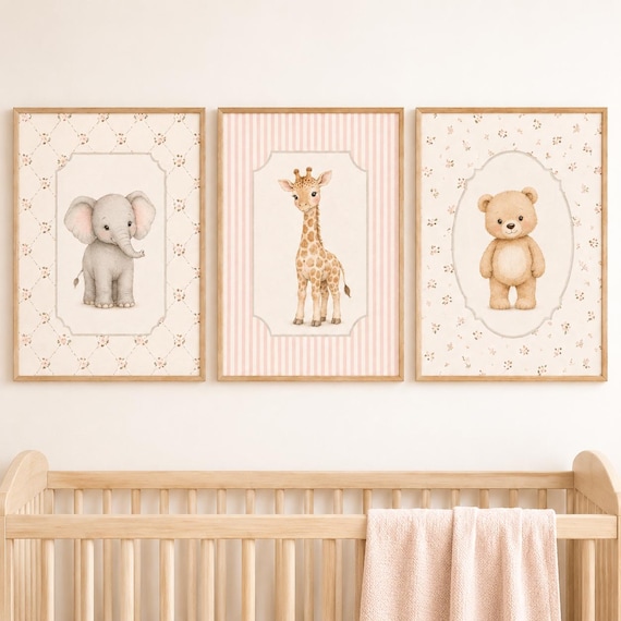 Vintage Blush Pink Nursery Wall Art Set, Elephant Giraffe Bear Prints (Set of 3)