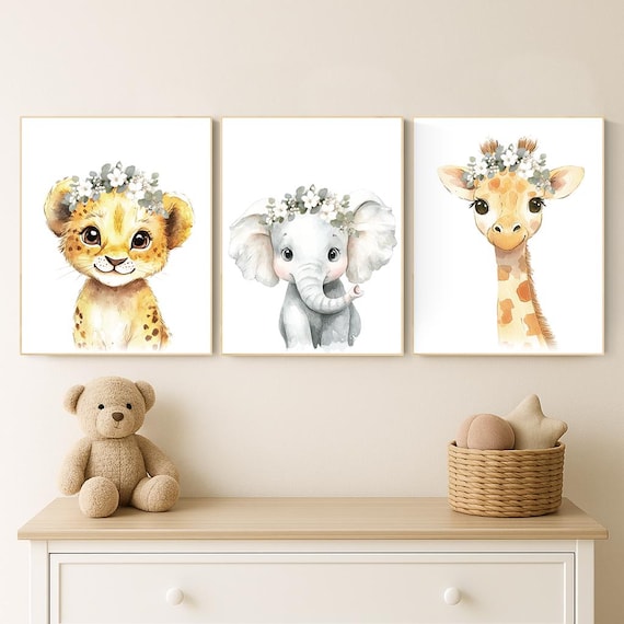 Safari Nursery Wall Art Set – Baby Lion, Elephant & Giraffe with Flowers – Neutral Jungle Animal Prints for Girl's Room (Set of 3)