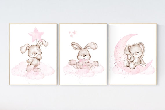 Nursery decor girl bunny, bunny print set, pink and gray nursery, rabbit nursery decor, girl nursery, bunny art, Bunny print nursery