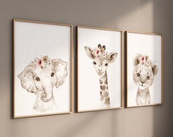 Estampas de animais de safári: elefante floral, girafa, leão