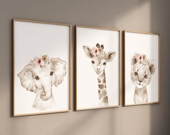 Safari nursery decor, animal prints, Safari animals, elephant nursery, Floral Nursery Prints, neutral nursery, giraffe nursery, beige