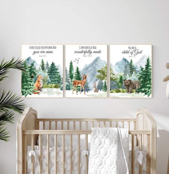 Nursery decor woodland, mountain wall art, tree nursery decor, adventure theme, forest, woodland animals, verse print, scripture wall art