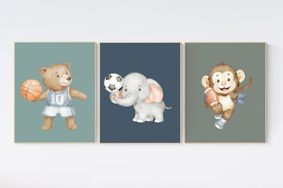 Sports nursery decor, Baby Animals Sport, Baby boy sports nursery, Safari nursery, basketball, soccer, and football nursery, animal sports