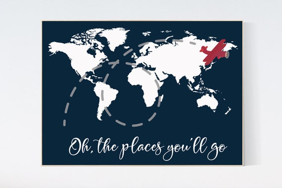 Navy map nursery decor, travel nursery decor, World Map wall art, world map nursery, navy red gray nursery, boy room decor, boys nursery