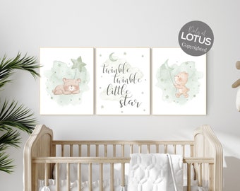 Sage Green Bear Nursery Print Set: Gender Neutral Baby Room Decor