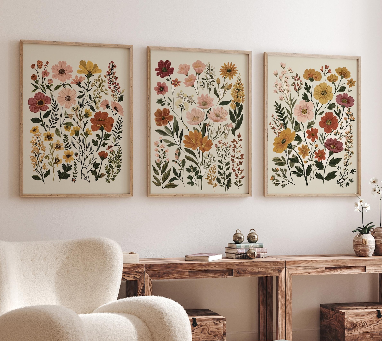 Botanical Flower Wall Art Set of 3, Neutral Floral Prints, Boho ...