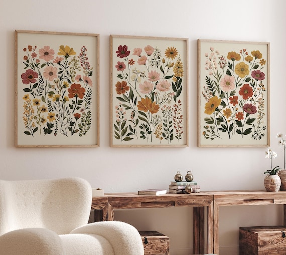 Botanical Flower Wall Art Set of 3, Neutral Floral Prints, Boho Wildflower