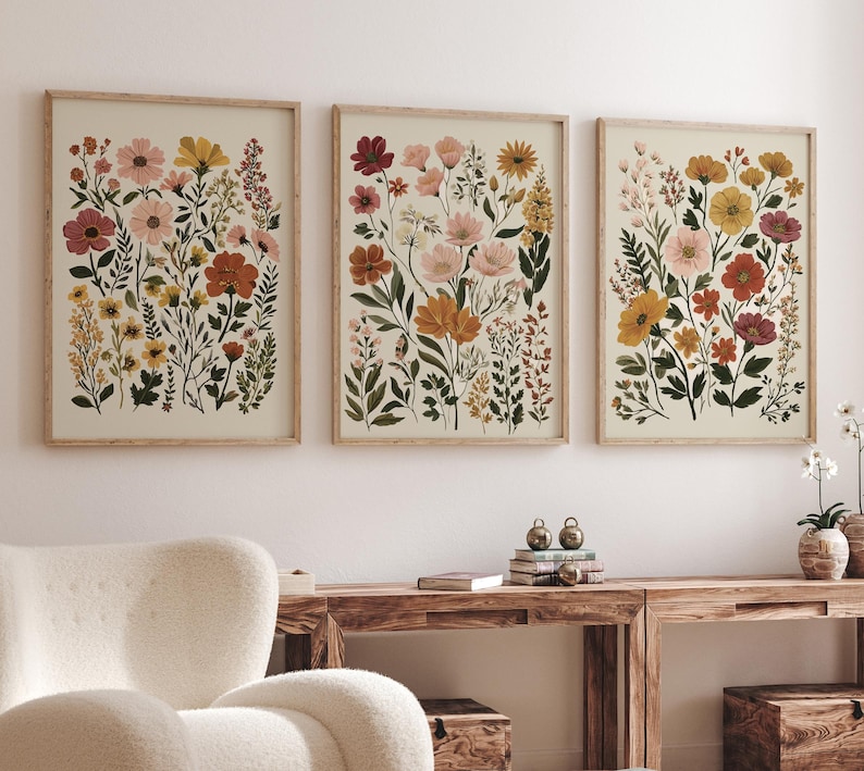 Botanical Flower Wall Art Set of 3, Neutral Floral Prints, Boho ...