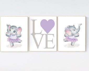 Ballerina elephant, baby room decor girl, Elephant nursery, nursery prints girl, ballet prints, purple nursery, lilac nursery, love print