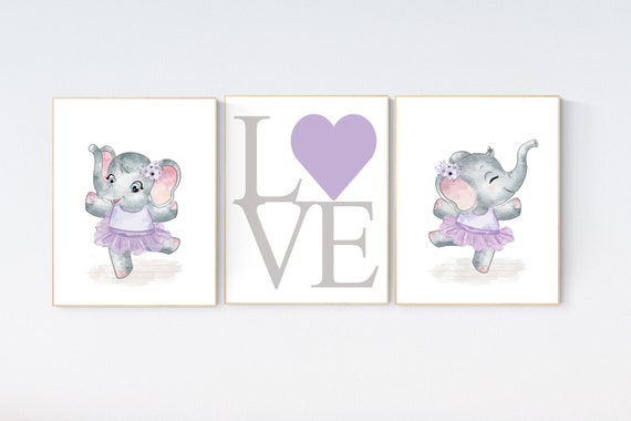 Ballerina elephant, baby room decor girl, Elephant nursery, nursery prints girl, ballet prints, purple nursery, lilac nursery, love print