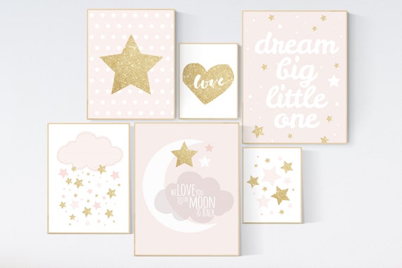 Nursery decor girl, blush pink,Nursery prints girl, blush Nursery decor, blush gold nursery wall art, blush pink, stars, moon, cloud