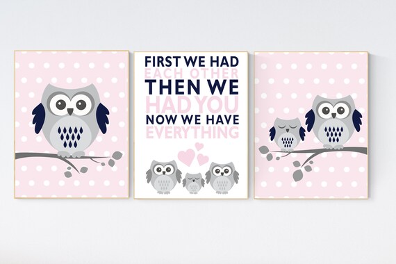 First we had each other then we had you, Owl nursery wall art, pink nursery decor, pink gray, owl room decor, owl nursery decor girls, baby
