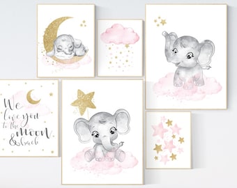 Nursery wall decor girl, elephant, pink gold nursery art, elephant nursery decor girl, elephant nursery print, pink and gold, star nursery