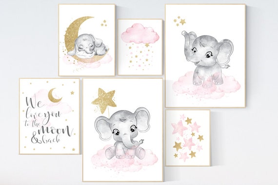 Nursery wall decor girl, elephant, pink gold nursery art, elephant nursery decor girl, elephant nursery print, pink and gold, star nursery