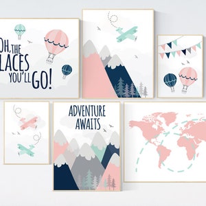 Adventure awaits nursery, Mountain art print set, coral navy mint, Adventure nursery,  coral mint girl, airplane, world map, hot air balloon