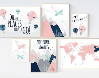 Adventure Awaits Nursery Art Print Set: Coral, Navy & Mint