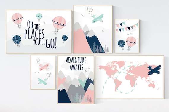 Adventure awaits nursery, Mountain art print set, coral navy mint, Adventure nursery,  coral mint girl, airplane, world map, hot air balloon