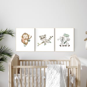Sports nursery decor, Baby Animals Sport, Baby boy sports nursery, Safari nursery, baseball, hockey, golf nursery, animal sports