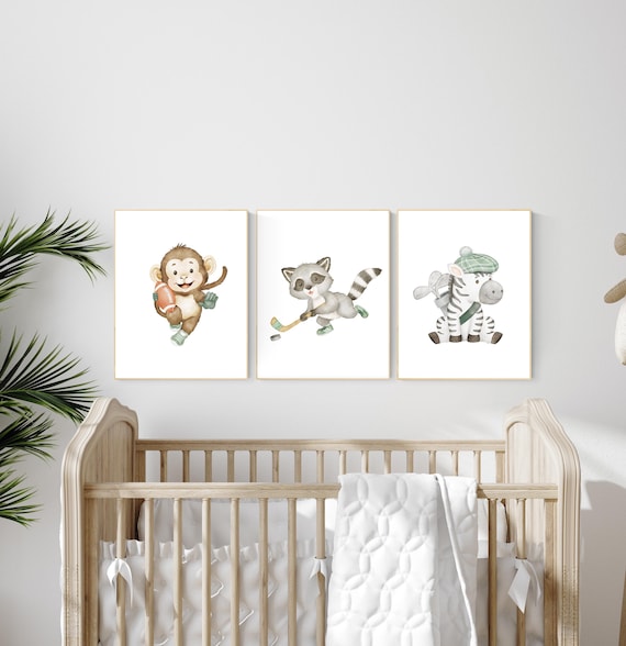 Sports nursery decor, Baby Animals Sport, Baby boy sports nursery, Safari nursery, baseball, hockey, golf nursery, animal sports
