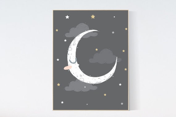 Nursery wall art grey, gray nursery, nursery decor neutral, baby room decor gender neutral, moon and stars, grey gold nursery decor