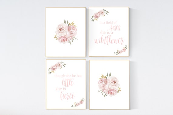 In a field of roses she is a wildflower, Nursery decor girl blush, nursery decor girl floral, rose, blush pink, nursery decor flower