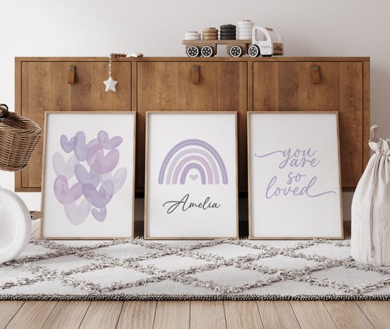 You Are So Loved Nursery Wall Art Set, Purple Rainbow Print