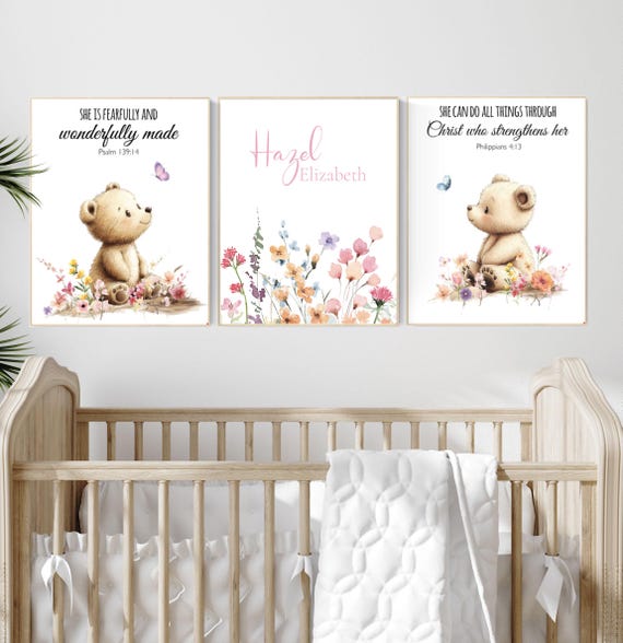 Personalized Bear Scripture Nursery Wall Art, Christian Bible Verse Prints for Baby Girl, Custom Name Floral Animal Room Decor Set