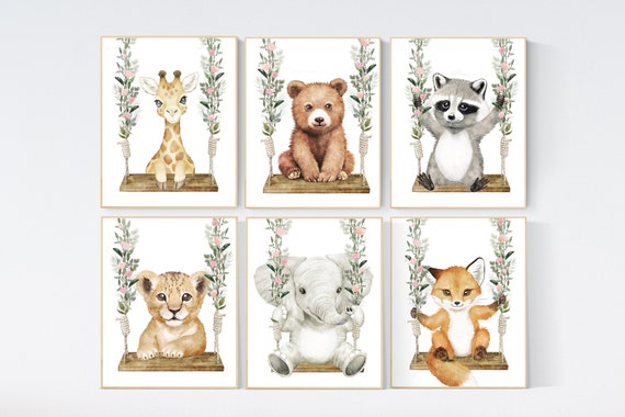 Animal nursery, animal on swing, Jungle Animals, Safari Animal Nursery Prints, safari animals, safari nursery,  blush pink flowers, girl