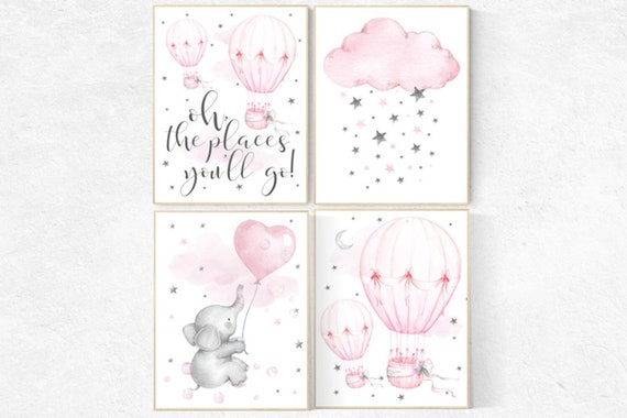 Nursery decor hot air balloons, Nursery decor elephant, nursery decor pink and gray, pink nursery, hot air balloon, pink and grey nursery