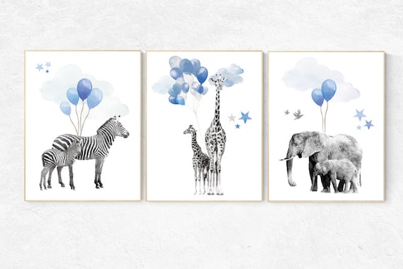 Navy blue wall art, Baby animal prints, Safari Nursery, watercolor animals for nursery, navy nursery, nursery decor elephant, animal nursery