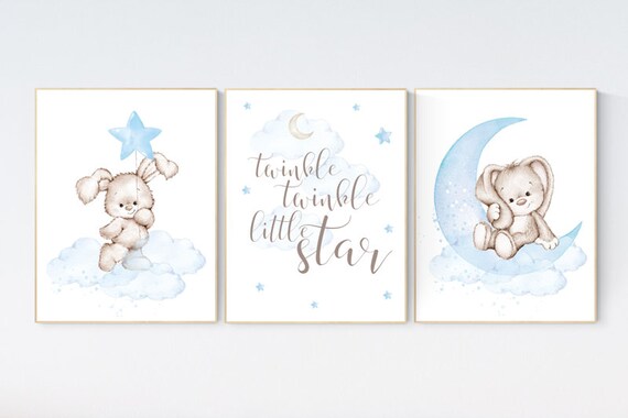 Nursery decor boy bunny, bunny print set, twinkle twinkle little star, rabbit nursery decor, boy nursery, Bunny print, boy nursery art