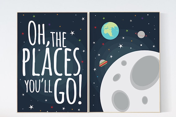 Oh the places you'll go, space theme, nursery decor, outer space nursery wall art, playroom decor, kids room decor, baby boy room, boys room